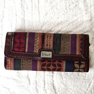 Fossil Colorful Floral Stripe Trifold Leather Wallet Medium Purple Brown Orange